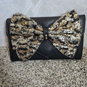 Betsey Johnson Black Clutch with Gold Sequin Bow